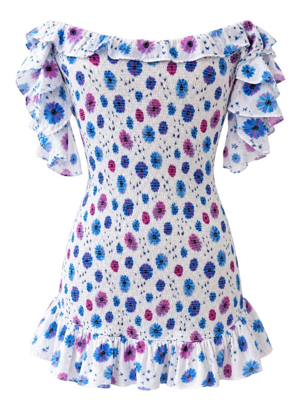 LoveShackFancy Kodie Blue & Pink Floral Smocked Ruffle Mini Dress โ fits small